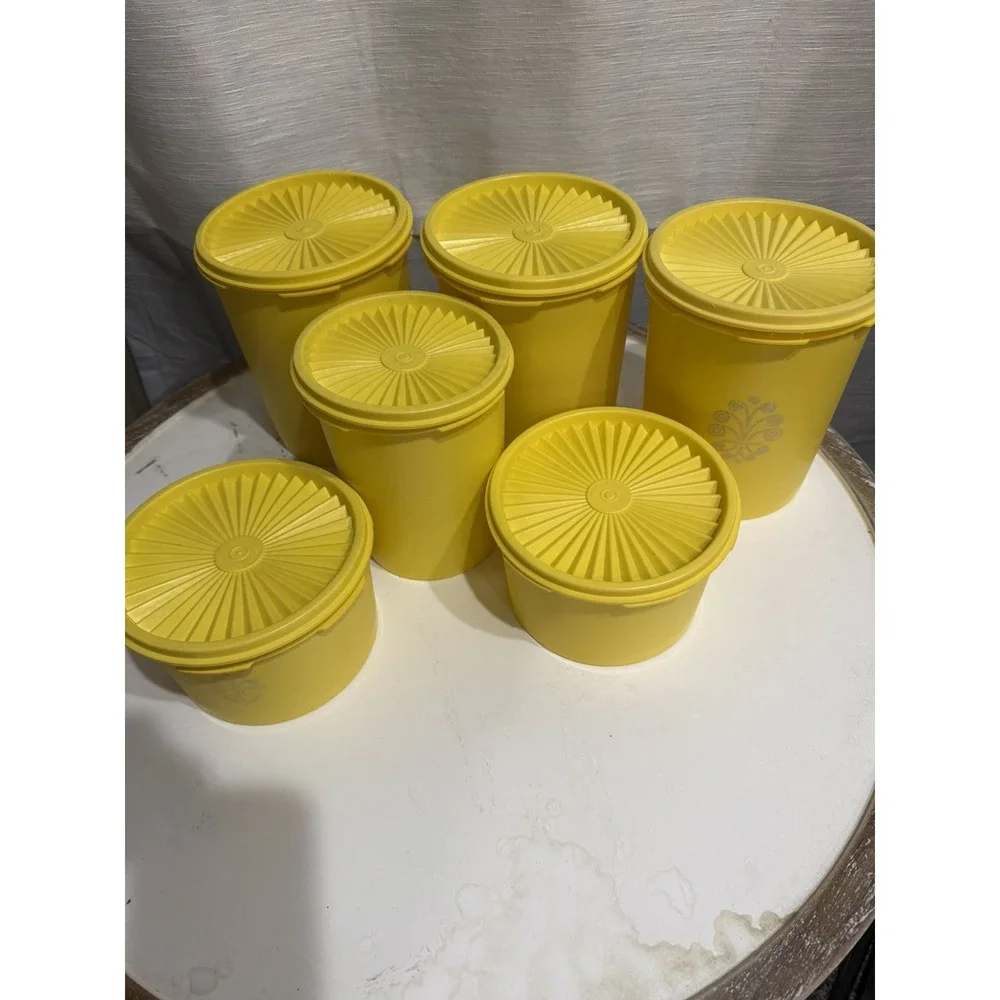 Vintage 1970s Yellow Tupperware Servalier Canisters Set of 6 with Lids Nesting